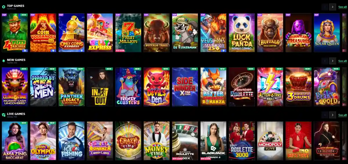BeonBet games lobby showing slots and live casino categories